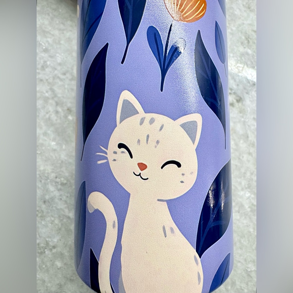 New White Cat w/ Flowers Purple Stainless Steel Metal Travel Cup Tumbler - 20oz - Picture 5 of 9